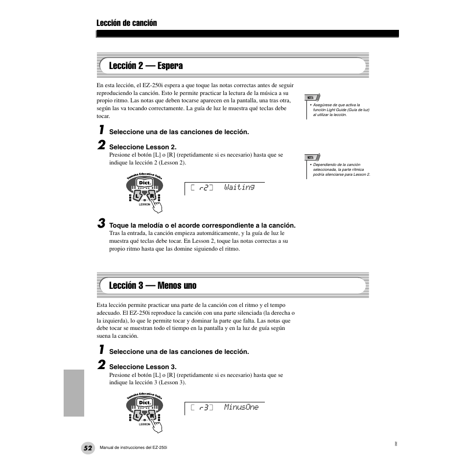 Lección 2 — espera, Lección 3 — menos uno, Lección 2 — espera • lección 3 — menos uno | Lección de canción | Yamaha Portatone EZ-250i User Manual | Page 52 / 87