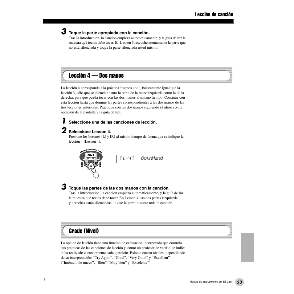 Lección 4 — dos manos, Grade (nivel), Lección 4 — dos manos • grade (nivel) | Yamaha Portatone EZ-250i User Manual | Page 53 / 87