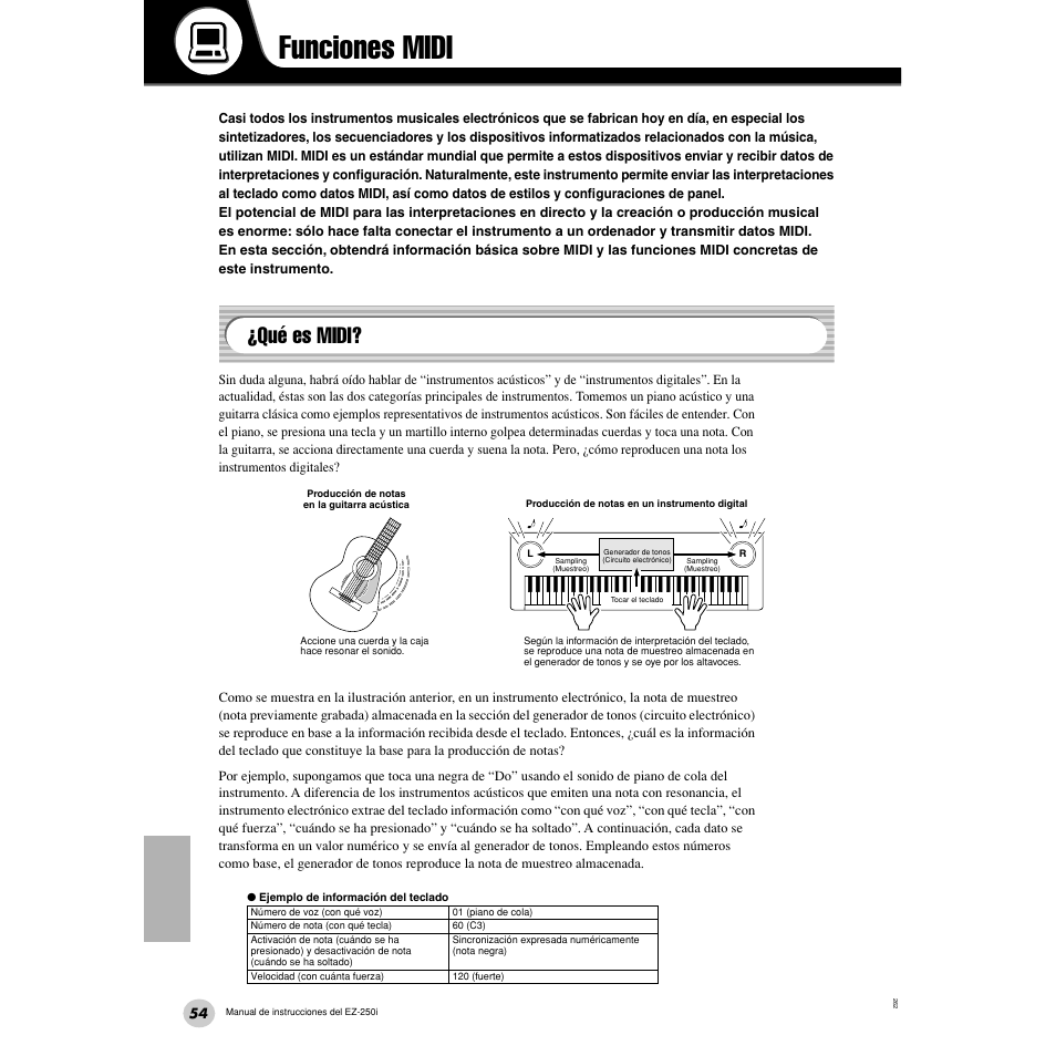 Funciones midi, Qué es midi | Yamaha Portatone EZ-250i User Manual | Page 54 / 87