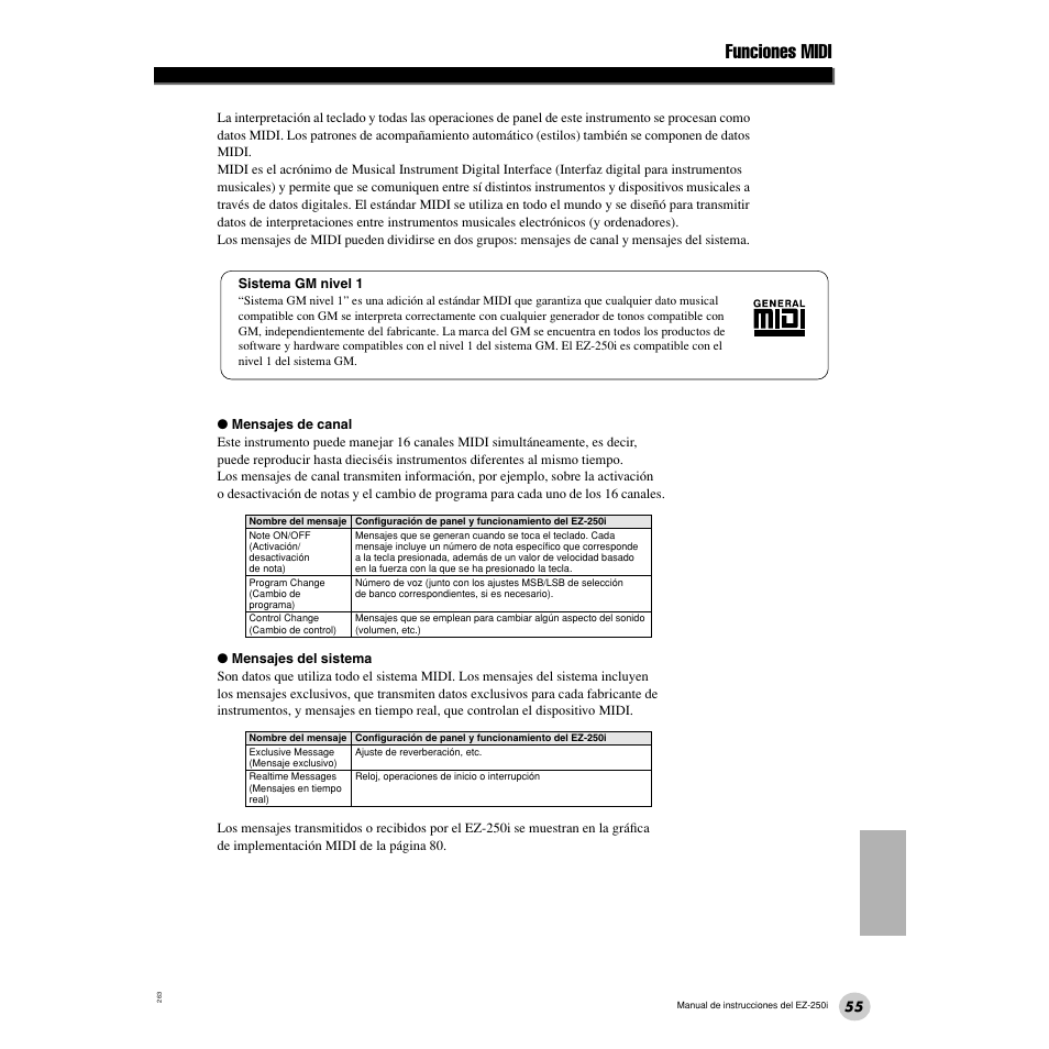 Funciones midi | Yamaha Portatone EZ-250i User Manual | Page 55 / 87