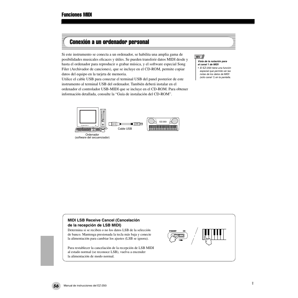 Conexión a un ordenador personal, Funciones midi | Yamaha Portatone EZ-250i User Manual | Page 56 / 87