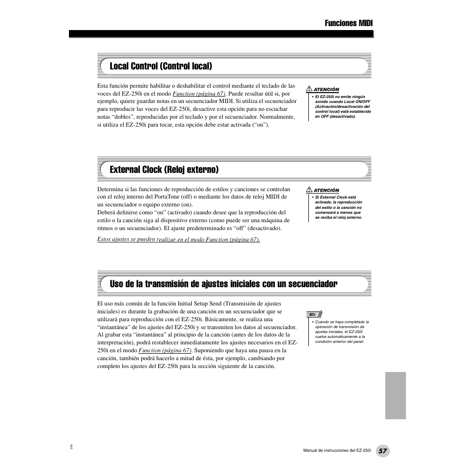 Local control (control local), External clock (reloj externo), Con un secuenciador | Funciones midi | Yamaha Portatone EZ-250i User Manual | Page 57 / 87