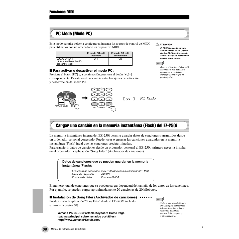 Pc mode (modo pc), Instantánea (flash) del ez-250i, Funciones midi | Pc mode | Yamaha Portatone EZ-250i User Manual | Page 58 / 87
