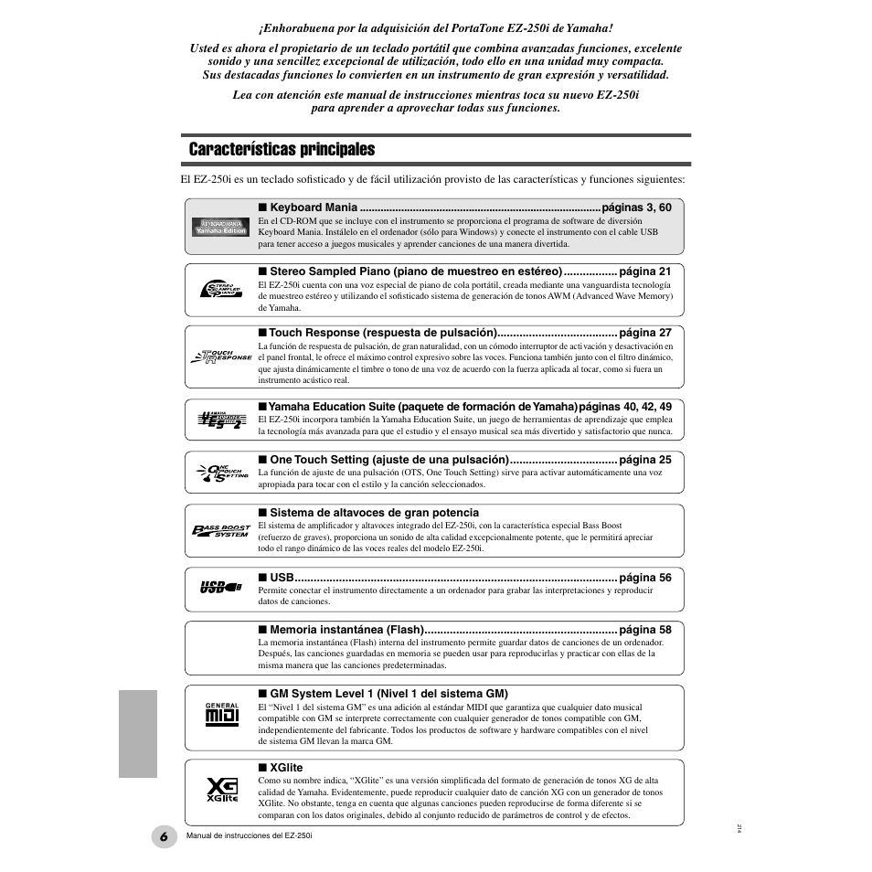 Características principales | Yamaha Portatone EZ-250i User Manual | Page 6 / 87