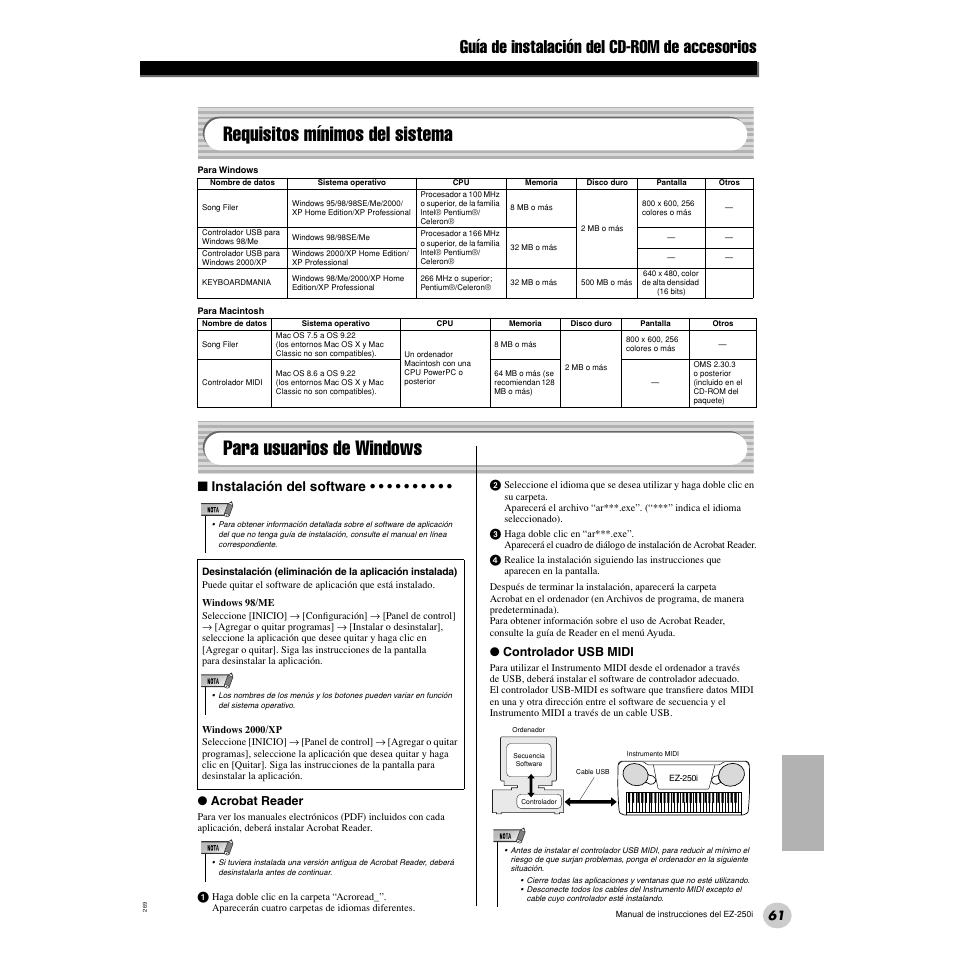 Requisitos mínimos del sistema, Para usuarios de windows, Guía de instalación del cd-rom de accesorios | Instalación del software, Acrobat reader, Controlador usb midi | Yamaha Portatone EZ-250i User Manual | Page 61 / 87