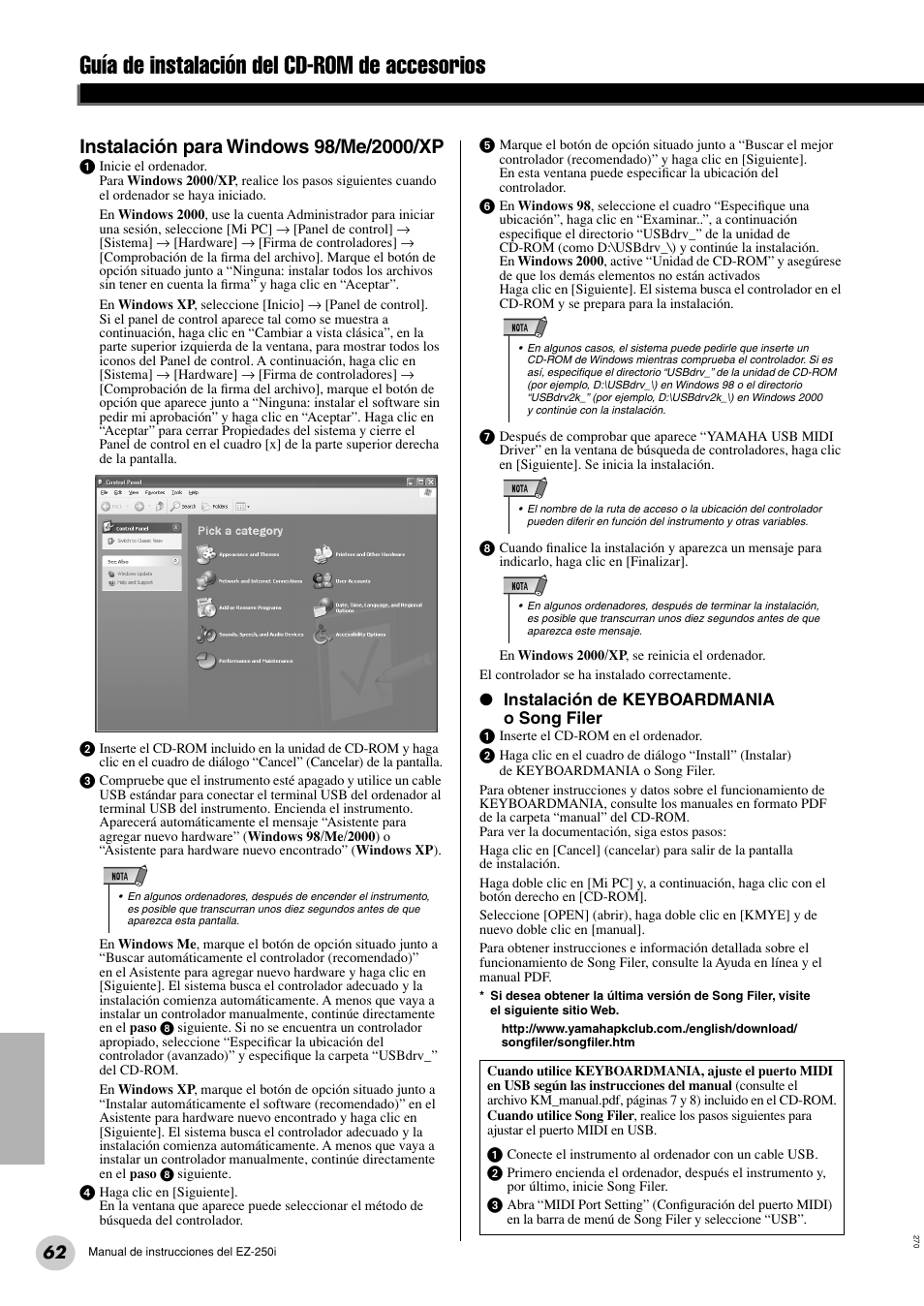 Guía de instalación del cd-rom de accesorios | Yamaha Portatone EZ-250i User Manual | Page 62 / 87