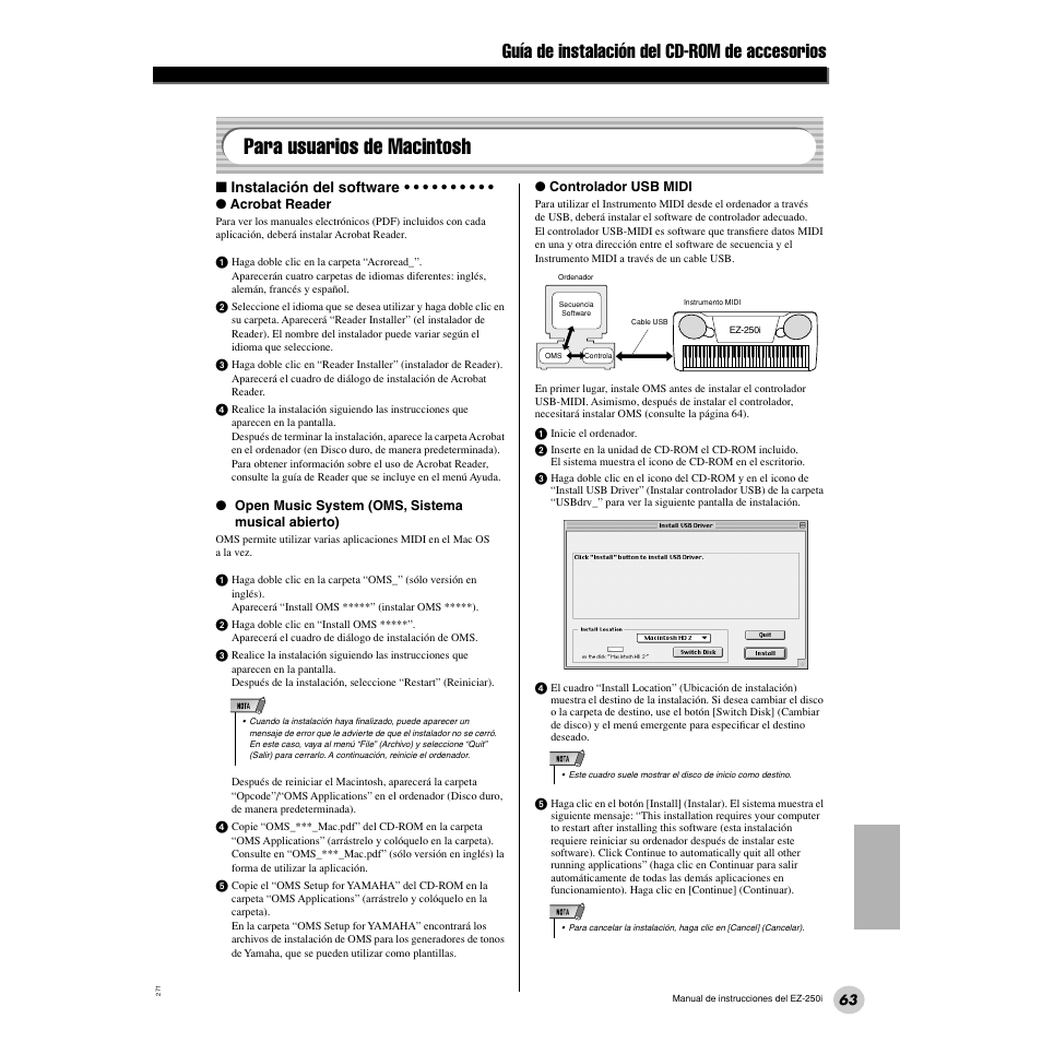 Para usuarios de macintosh, Guía de instalación del cd-rom de accesorios | Yamaha Portatone EZ-250i User Manual | Page 63 / 87