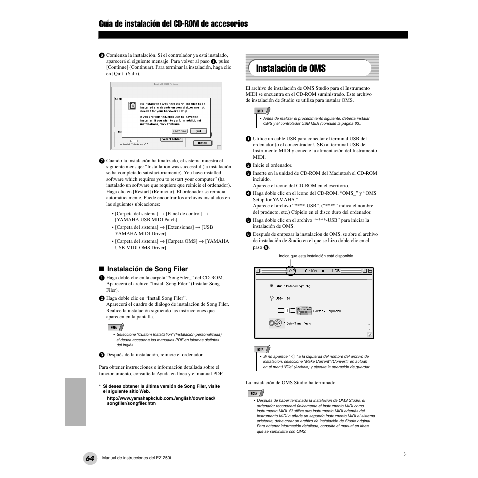 Instalación de oms, Guía de instalación del cd-rom de accesorios | Yamaha Portatone EZ-250i User Manual | Page 64 / 87