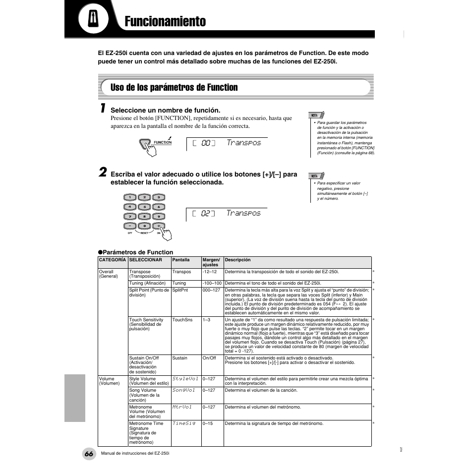 Funcionamiento, Uso de los parámetros de function, Transpos | Yamaha Portatone EZ-250i User Manual | Page 66 / 87