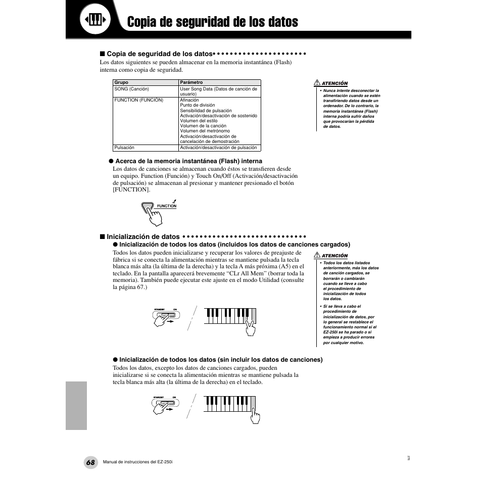 Copia de seguridad de los datos | Yamaha Portatone EZ-250i User Manual | Page 68 / 87