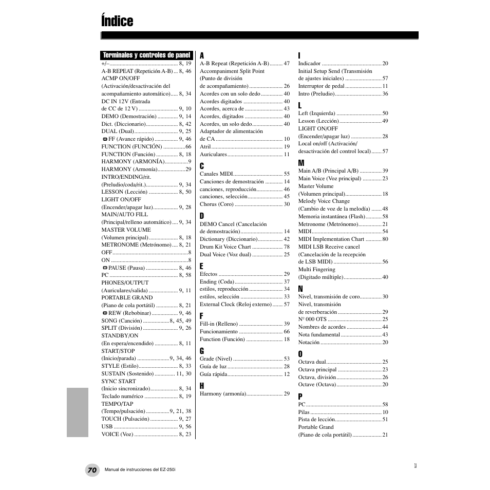 Índice | Yamaha Portatone EZ-250i User Manual | Page 70 / 87