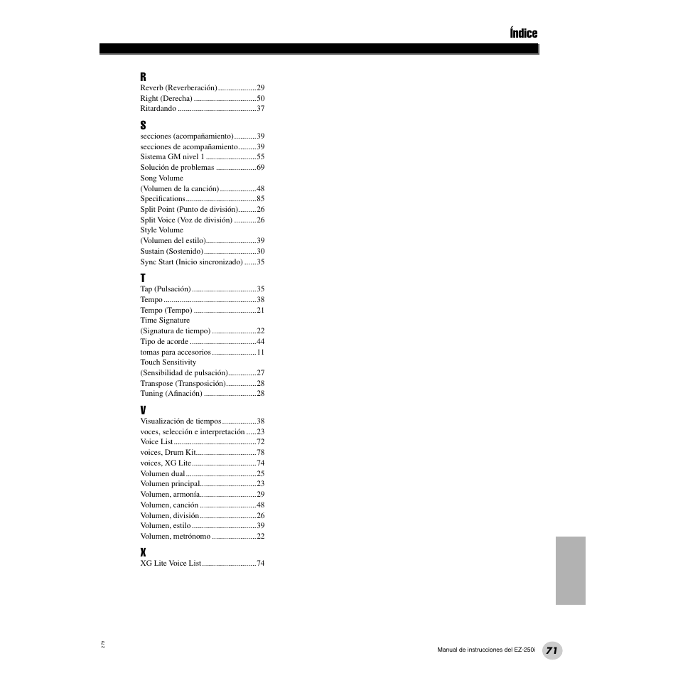 Índice | Yamaha Portatone EZ-250i User Manual | Page 71 / 87