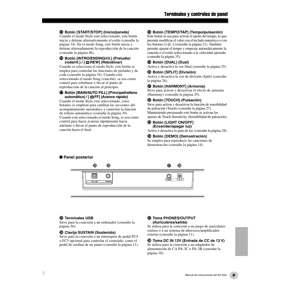 Terminales y controles de panel | Yamaha Portatone EZ-250i User Manual | Page 9 / 87