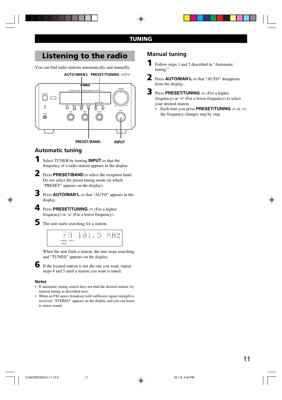 Tuning, Listening to the radio, Tuning automatic tuning | Manual tuning | Yamaha CRX-E500 User Manual | Page 15 / 31