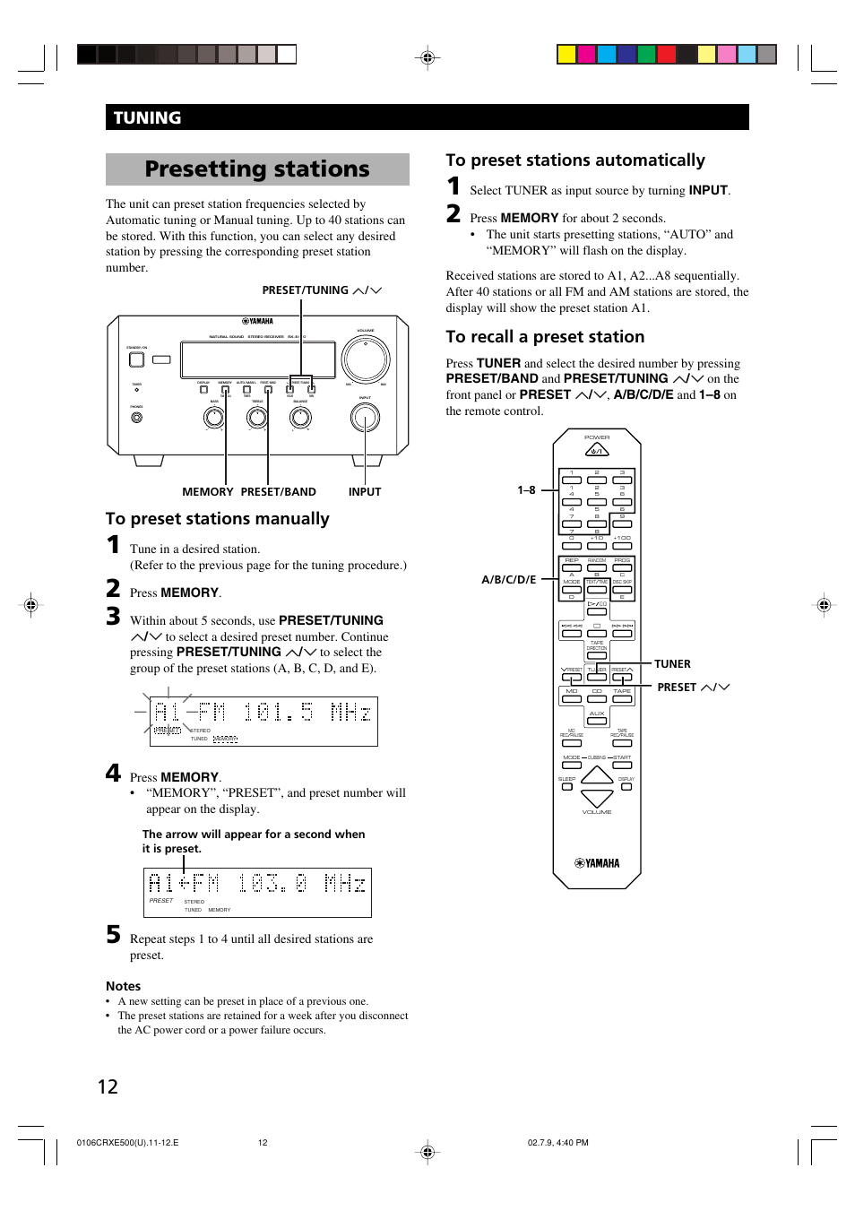 Presetting stations, Tuning to preset stations manually, Select tuner as input source by turning input | Yamaha CRX-E500 User Manual | Page 16 / 31