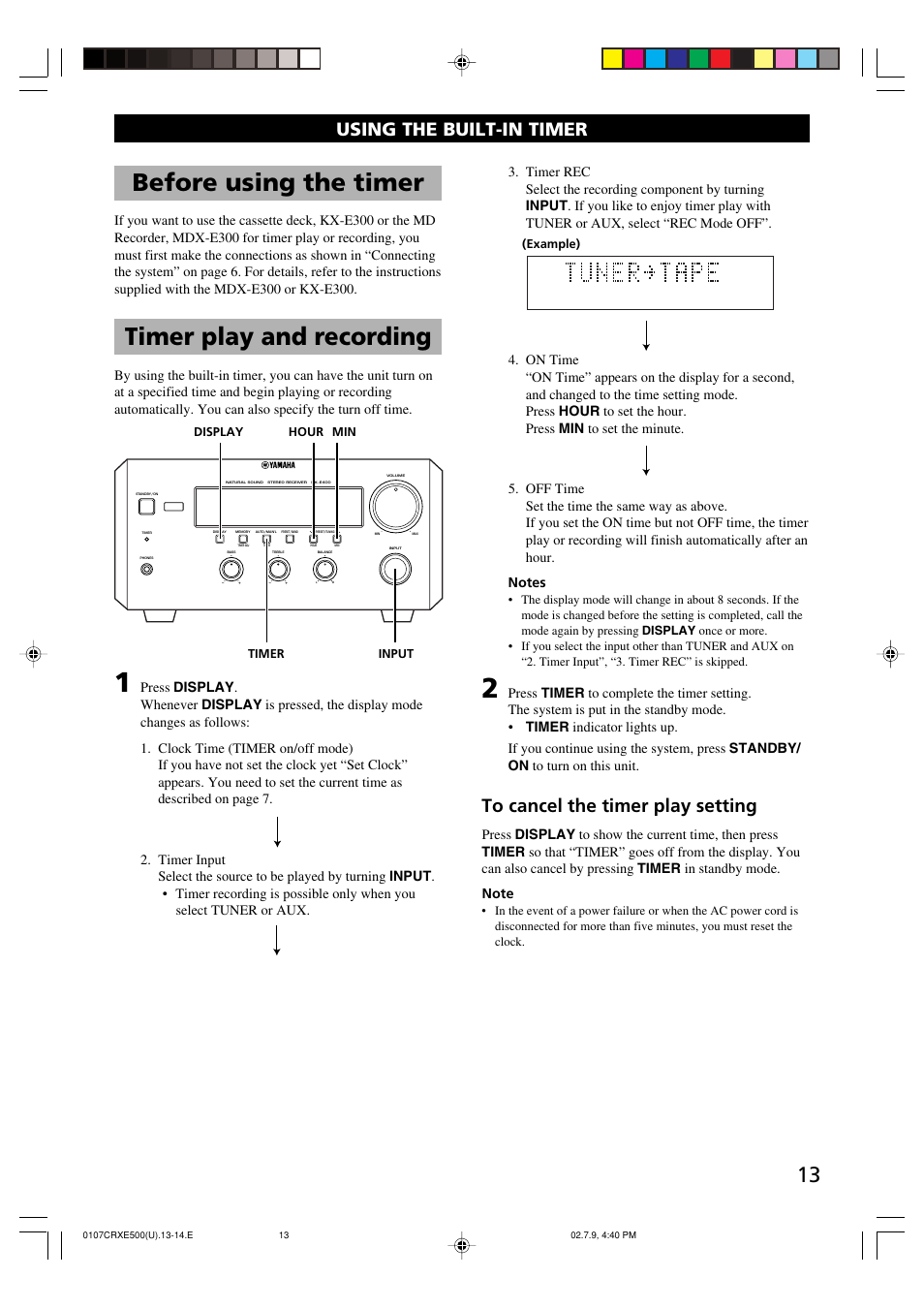 Using the built-in timer, Before using the timer, Timer play and recording | Yamaha CRX-E500 User Manual | Page 17 / 31