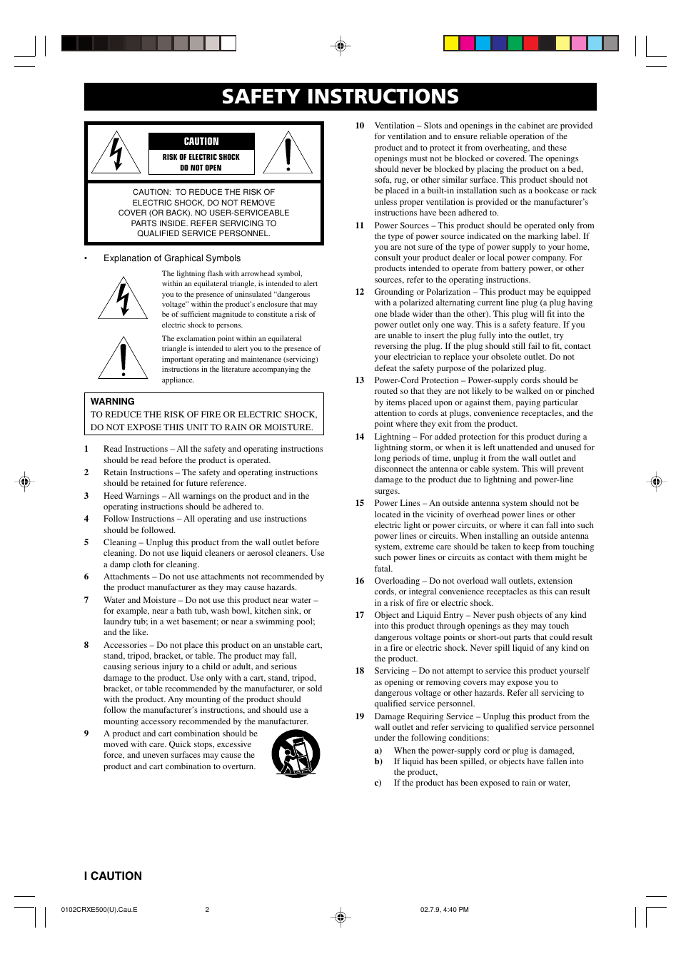 Safety instructions, I caution | Yamaha CRX-E500 User Manual | Page 2 / 31