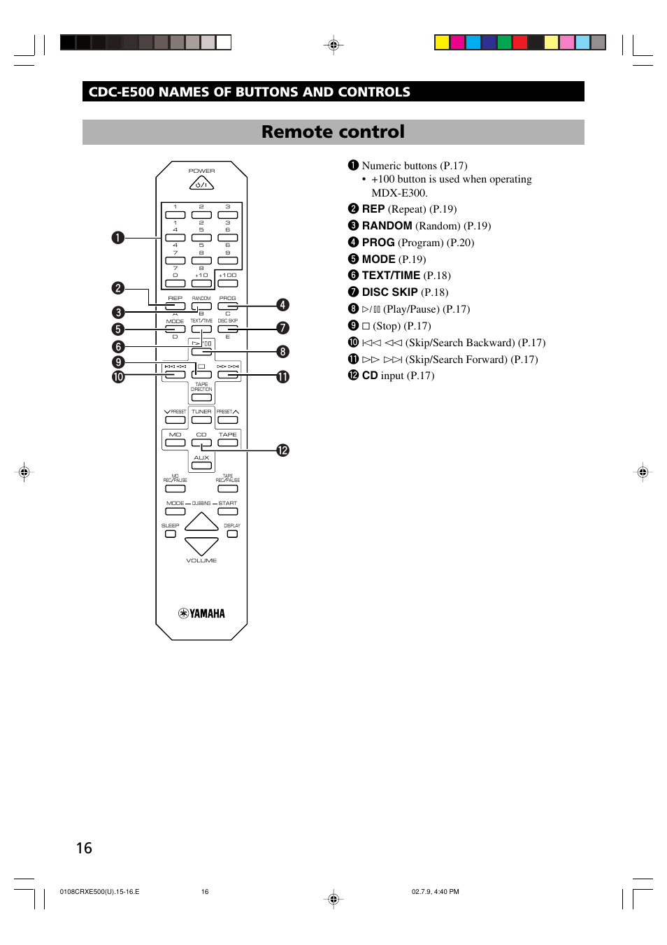 Remote control, Cdc-e500 names of buttons and controls | Yamaha CRX-E500 User Manual | Page 20 / 31