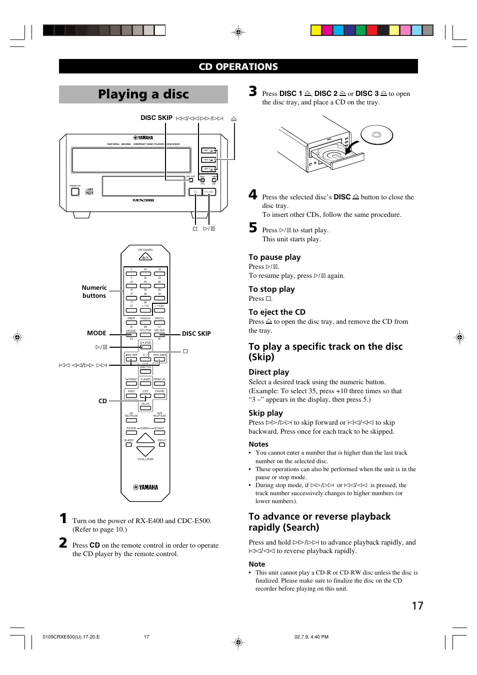 Cd operations, Playing a disc, Direct play | Skip play | Yamaha CRX-E500 User Manual | Page 21 / 31