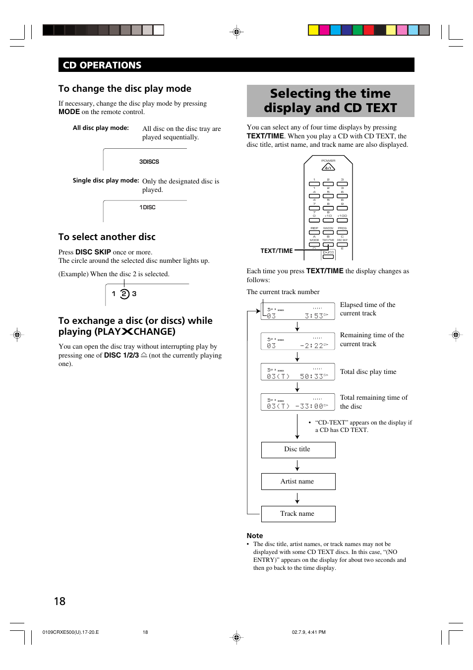 Selecting the time display and cd text, Cd operations to change the disc play mode | Yamaha CRX-E500 User Manual | Page 22 / 31