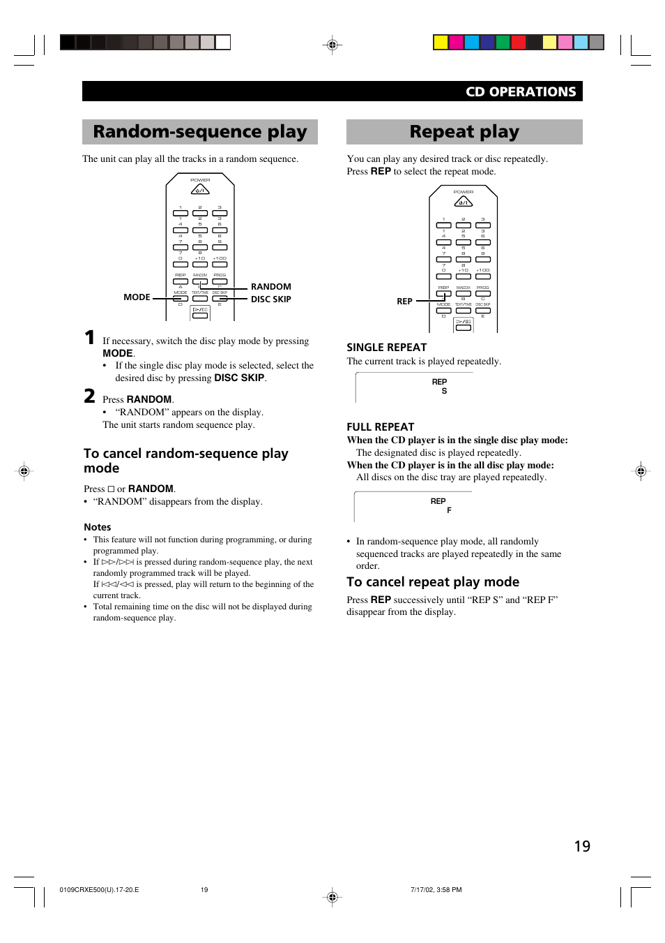 Random-sequence play, Repeat play, Cd operations | Single repeat, Full repeat, The current track is played repeatedly | Yamaha CRX-E500 User Manual | Page 23 / 31