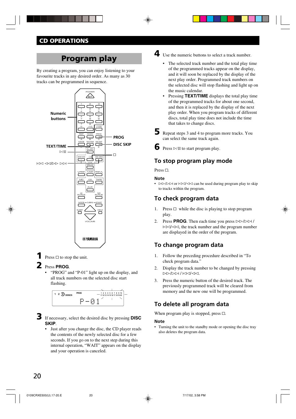 Program play, P - 0 1, Cd operations | Press & to stop the unit, Press ^ to start program play | Yamaha CRX-E500 User Manual | Page 24 / 31