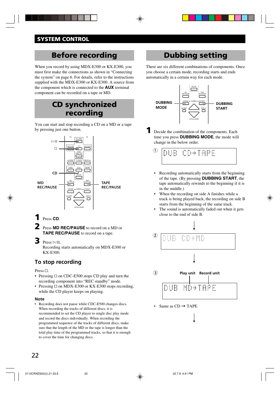 Before recording, Cd synchronized recording, Dubbing setting | System control | Yamaha CRX-E500 User Manual | Page 26 / 31