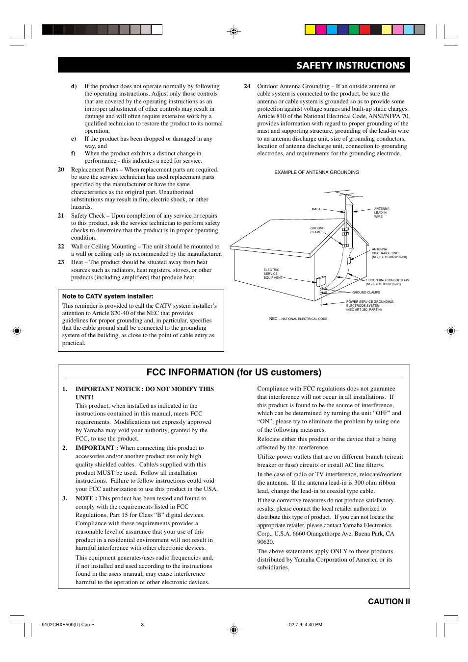 Fcc information (for us customers), Safety instructions, Caution ii | Yamaha CRX-E500 User Manual | Page 3 / 31