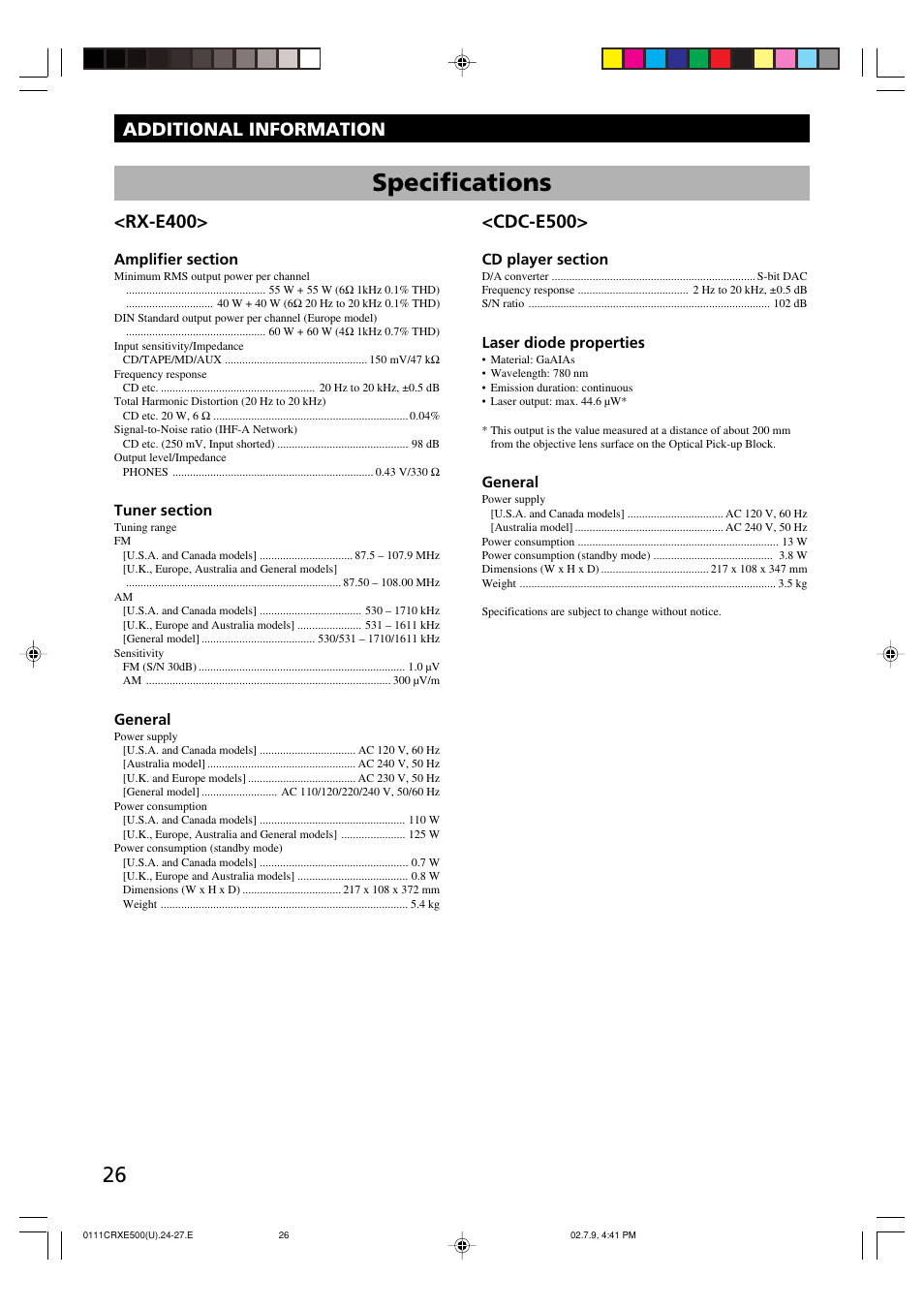 Specifications, Rx-e400, Cdc-e500 | Additional information | Yamaha CRX-E500 User Manual | Page 30 / 31