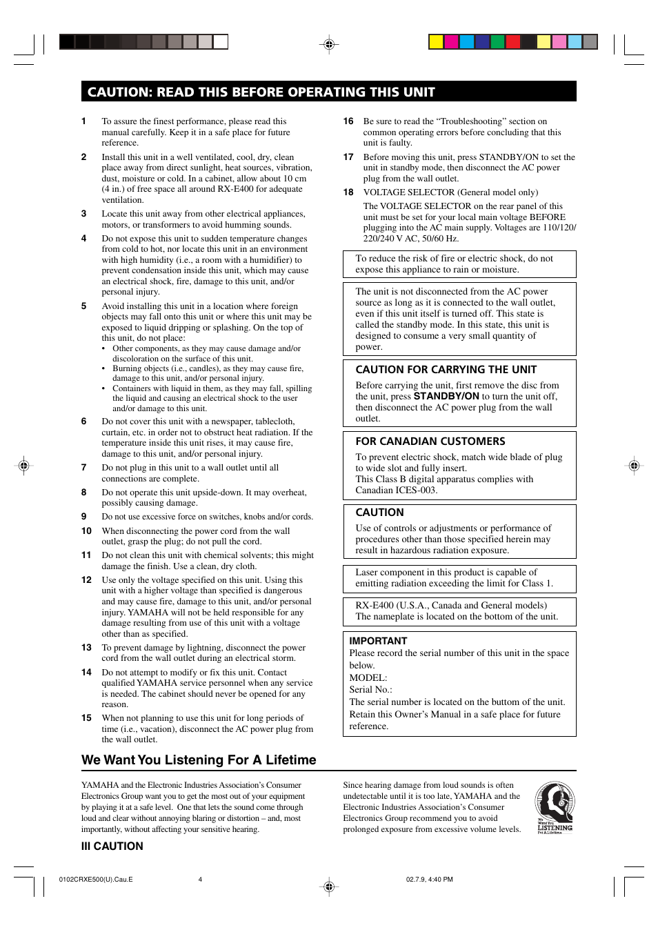 Caution: read this before operating this unit, We want you listening for a lifetime | Yamaha CRX-E500 User Manual | Page 4 / 31