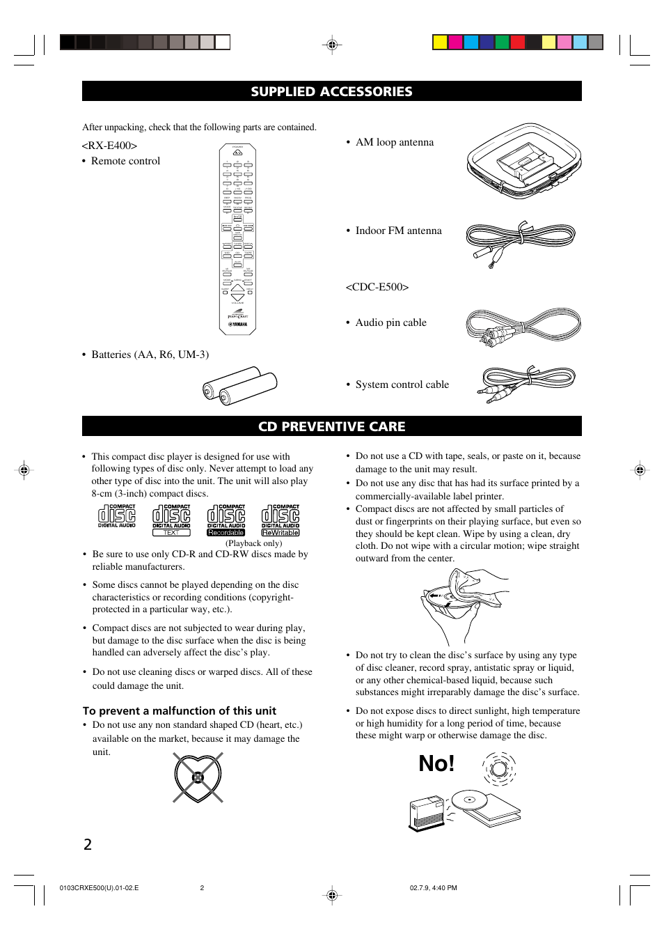 Supplied accessories, Cd preventive care, Rx-e400 | Playback only) | Yamaha CRX-E500 User Manual | Page 6 / 31