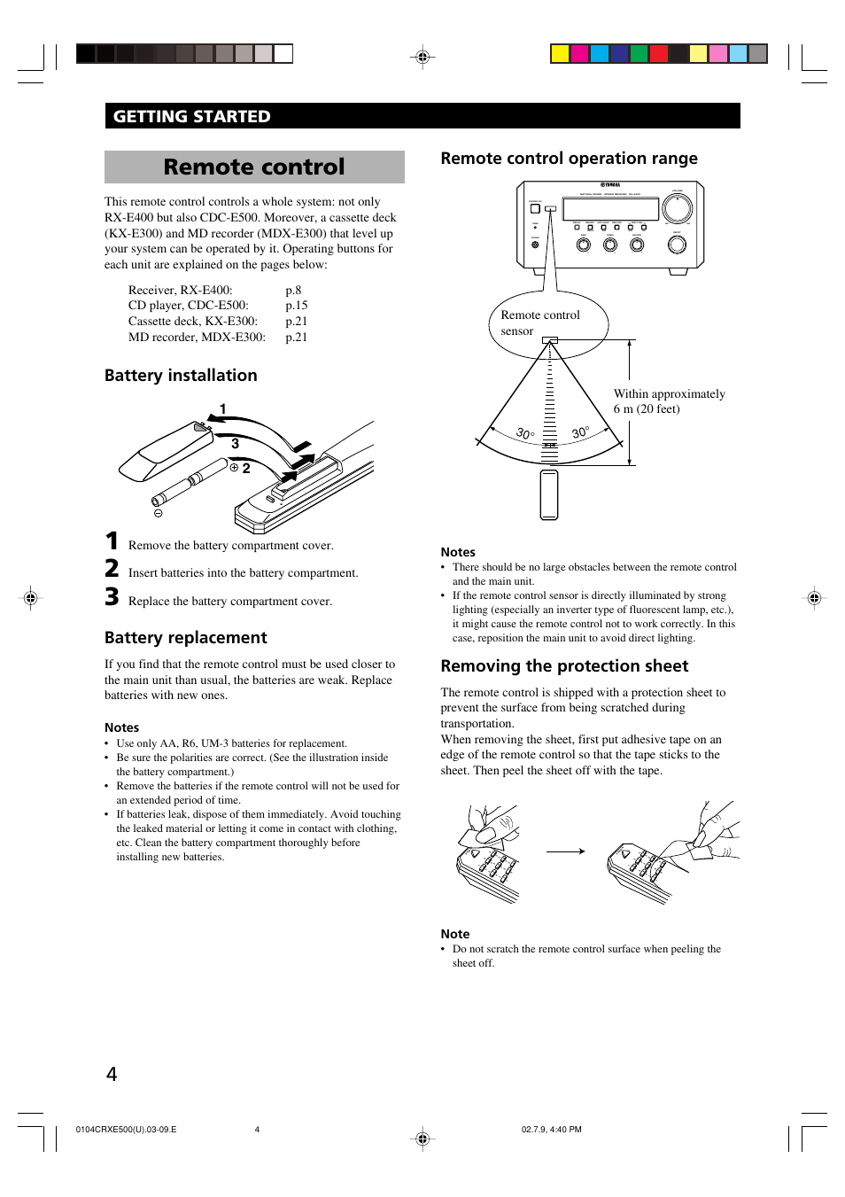 Remote control, Battery installation, Battery replacement | Remote control operation range, Removing the protection sheet, Getting started, Remove the battery compartment cover, Insert batteries into the battery compartment, Replace the battery compartment cover | Yamaha CRX-E500 User Manual | Page 8 / 31