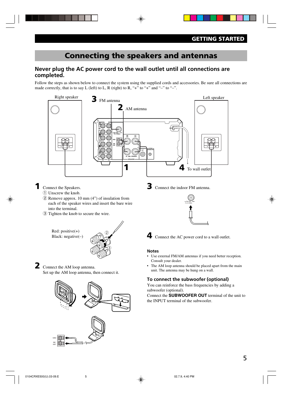 Connecting the speakers and antennas, Getting started, Connect the indoor fm antenna | Fm antenna, Am antenna right speaker left speaker, Red: positive(+) black: negative(–) | Yamaha CRX-E500 User Manual | Page 9 / 31