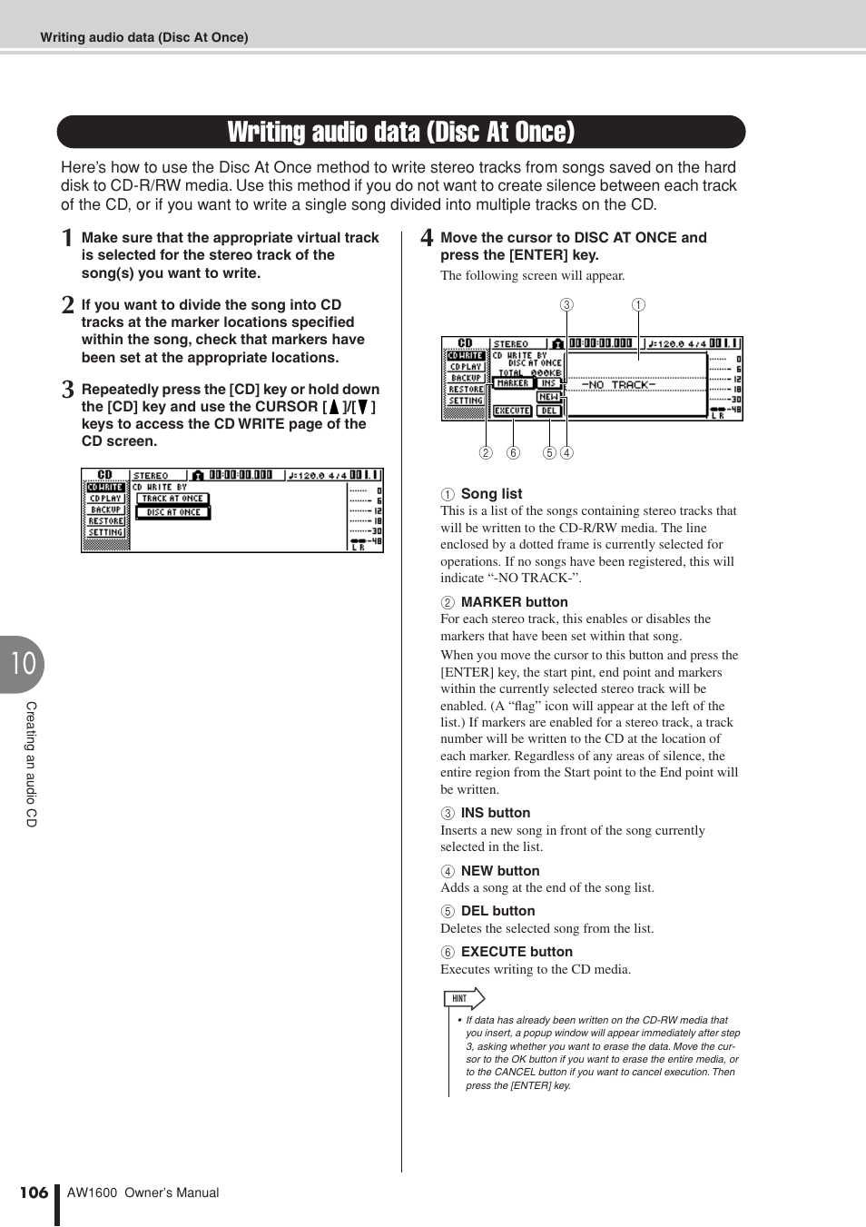 Writing audio data (disc at once) | Yamaha AW 1600 User Manual | Page 106 / 232