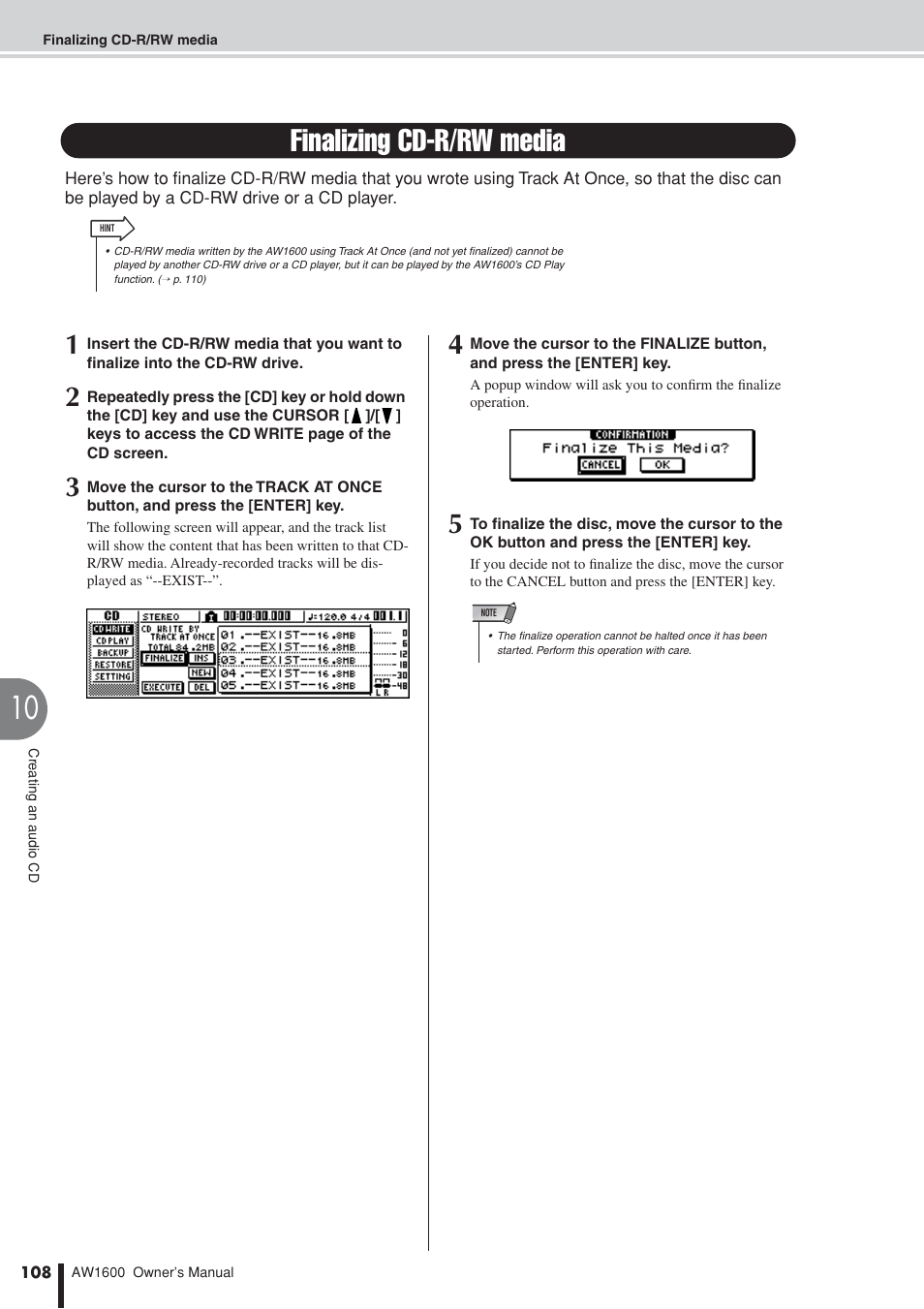 Finalizing cd-r/rw media | Yamaha AW 1600 User Manual | Page 108 / 232