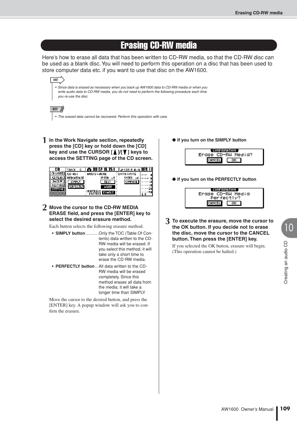 Erasing cd-rw media | Yamaha AW 1600 User Manual | Page 109 / 232