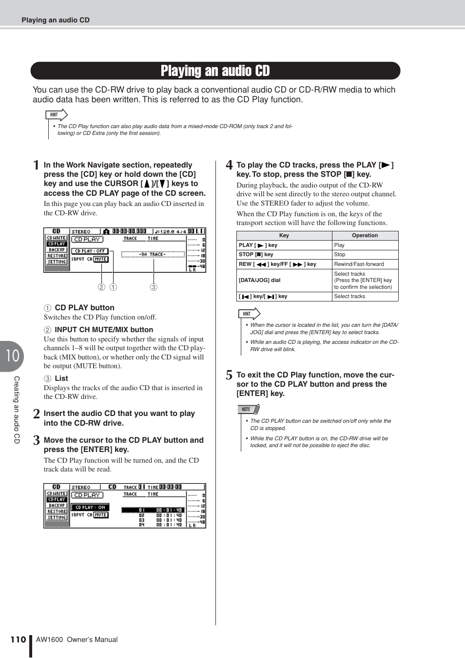 Playing an audio cd | Yamaha AW 1600 User Manual | Page 110 / 232