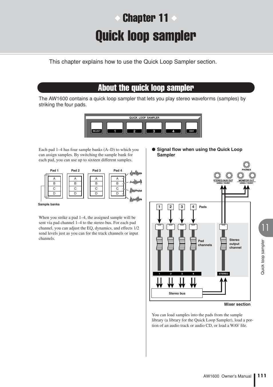 Quick loop sampler, About the quick loop sampler, Chapter 11 | Yamaha AW 1600 User Manual | Page 111 / 232