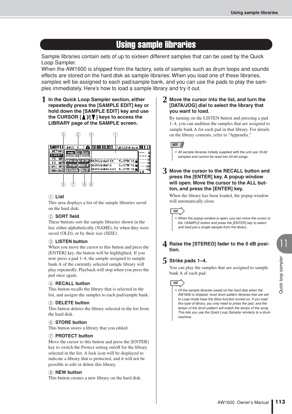 Using sample libraries, P. 113) | Yamaha AW 1600 User Manual | Page 113 / 232