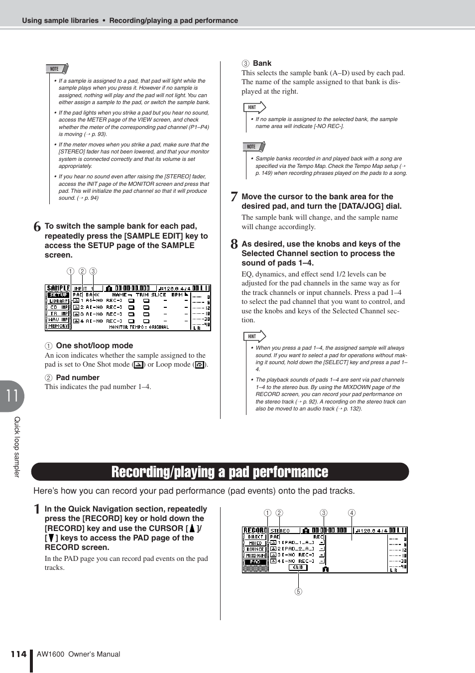 Recording/playing a pad performance | Yamaha AW 1600 User Manual | Page 114 / 232