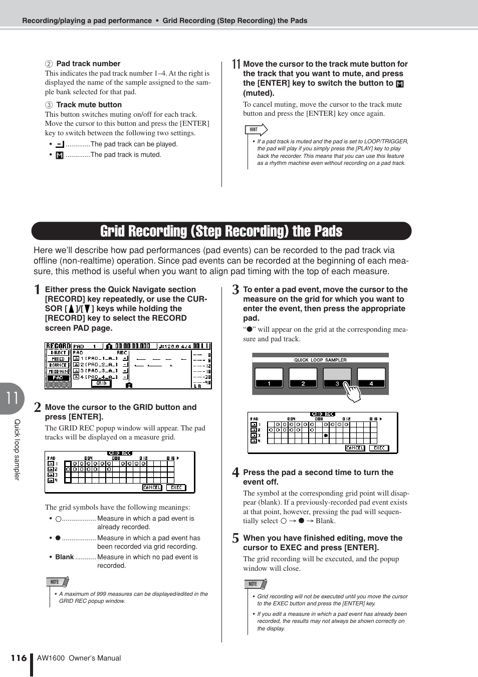 Grid recording (step recording) the pads, P. 116) | Yamaha AW 1600 User Manual | Page 116 / 232