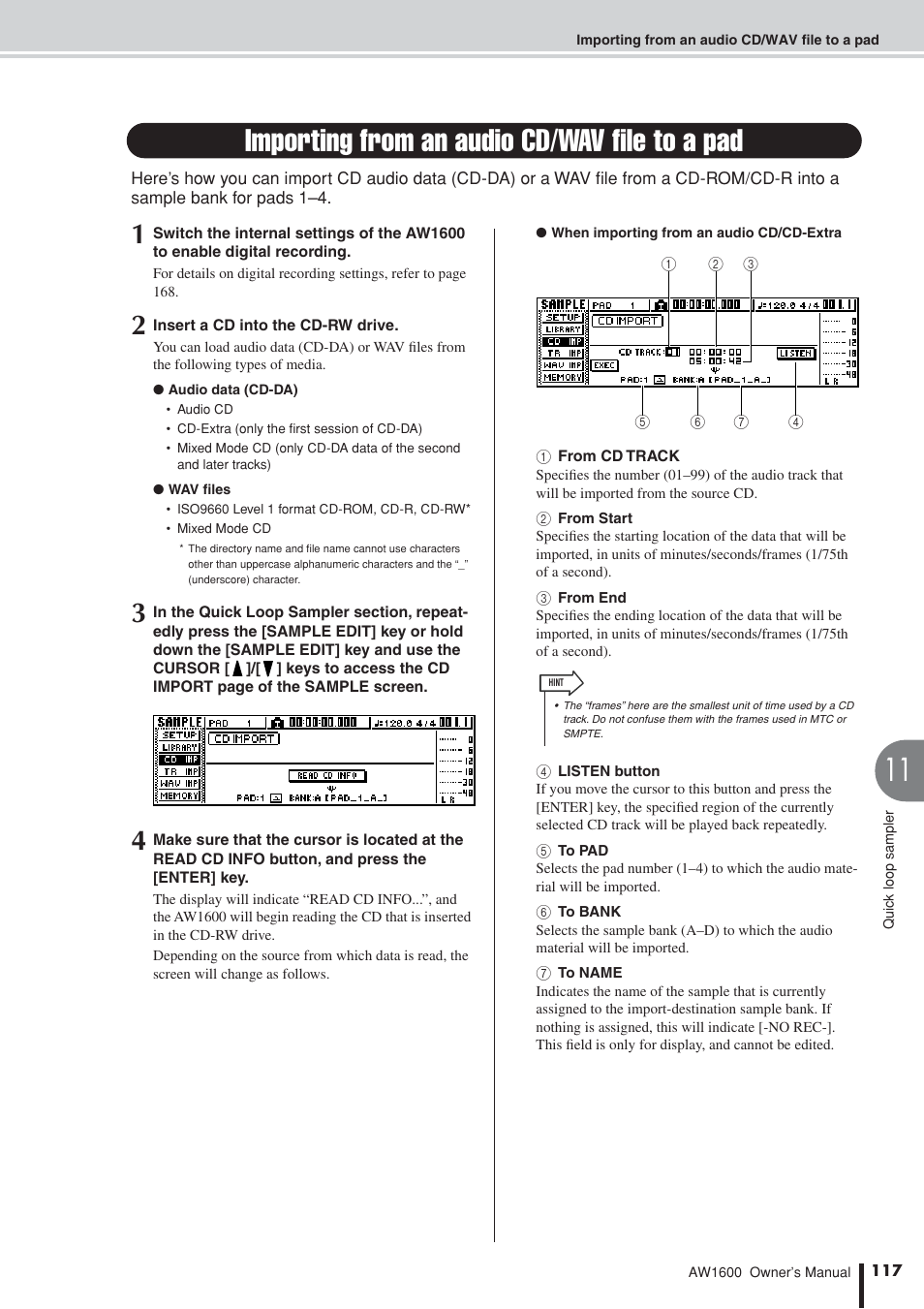 Importing from an audio cd/wav file to a pad | Yamaha AW 1600 User Manual | Page 117 / 232