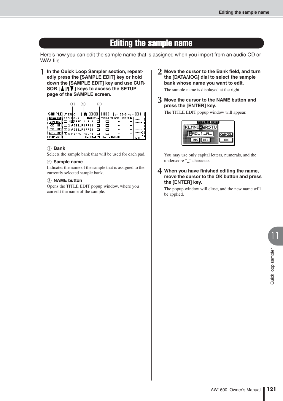 Editing the sample name, Edit this name later, P. 121) | Yamaha AW 1600 User Manual | Page 121 / 232