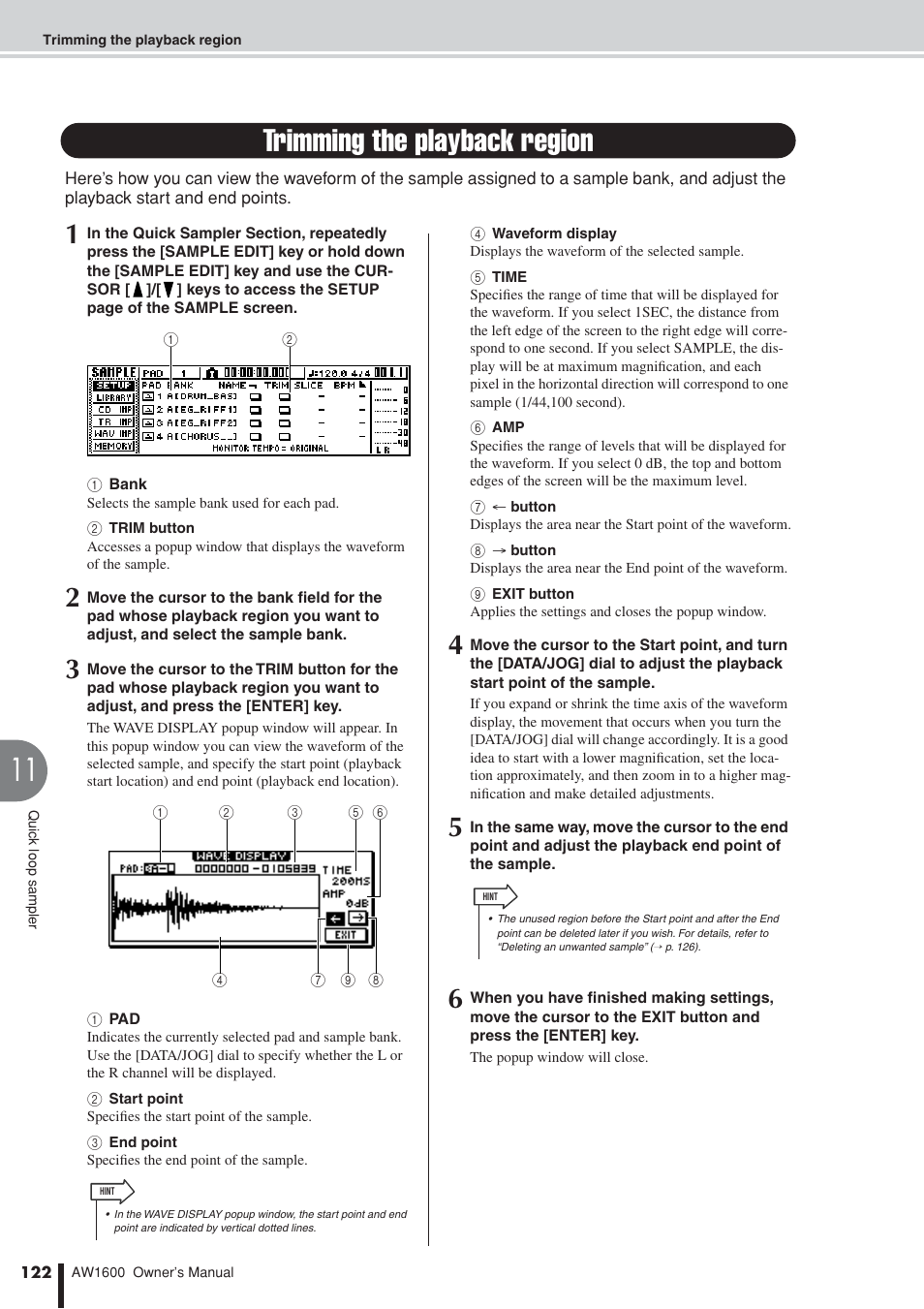 Trimming the playback region | Yamaha AW 1600 User Manual | Page 122 / 232