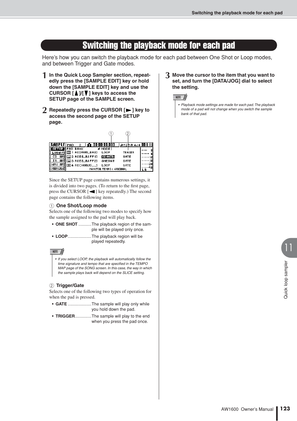 Switching the playback mode for each pad | Yamaha AW 1600 User Manual | Page 123 / 232