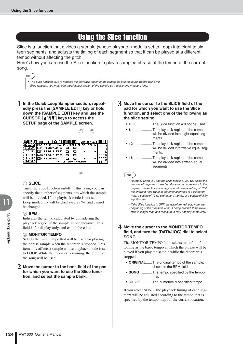 Using the slice function | Yamaha AW 1600 User Manual | Page 124 / 232