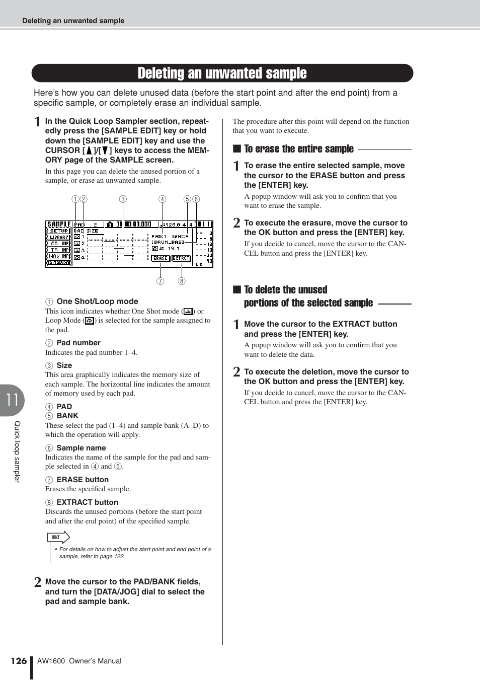 Deleting an unwanted sample | Yamaha AW 1600 User Manual | Page 126 / 232