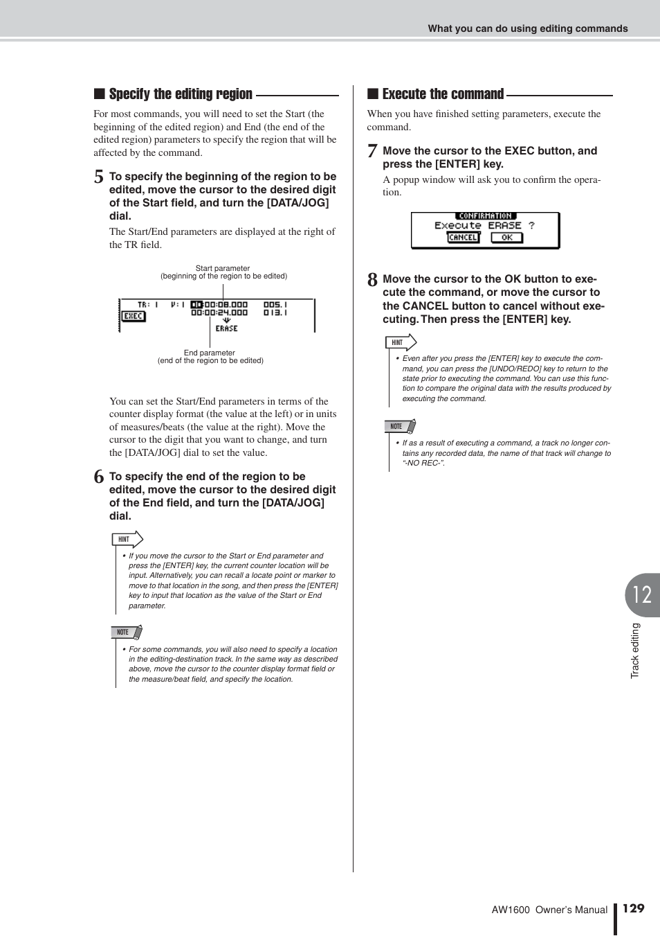 Specify the editing region, Execute the command | Yamaha AW 1600 User Manual | Page 129 / 232