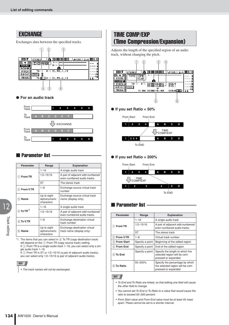 Exchange, Time comp/exp (time compression/expansion), Exchange time comp/exp | Time compression/expansion), Parameter list, For an audio track | Yamaha AW 1600 User Manual | Page 134 / 232