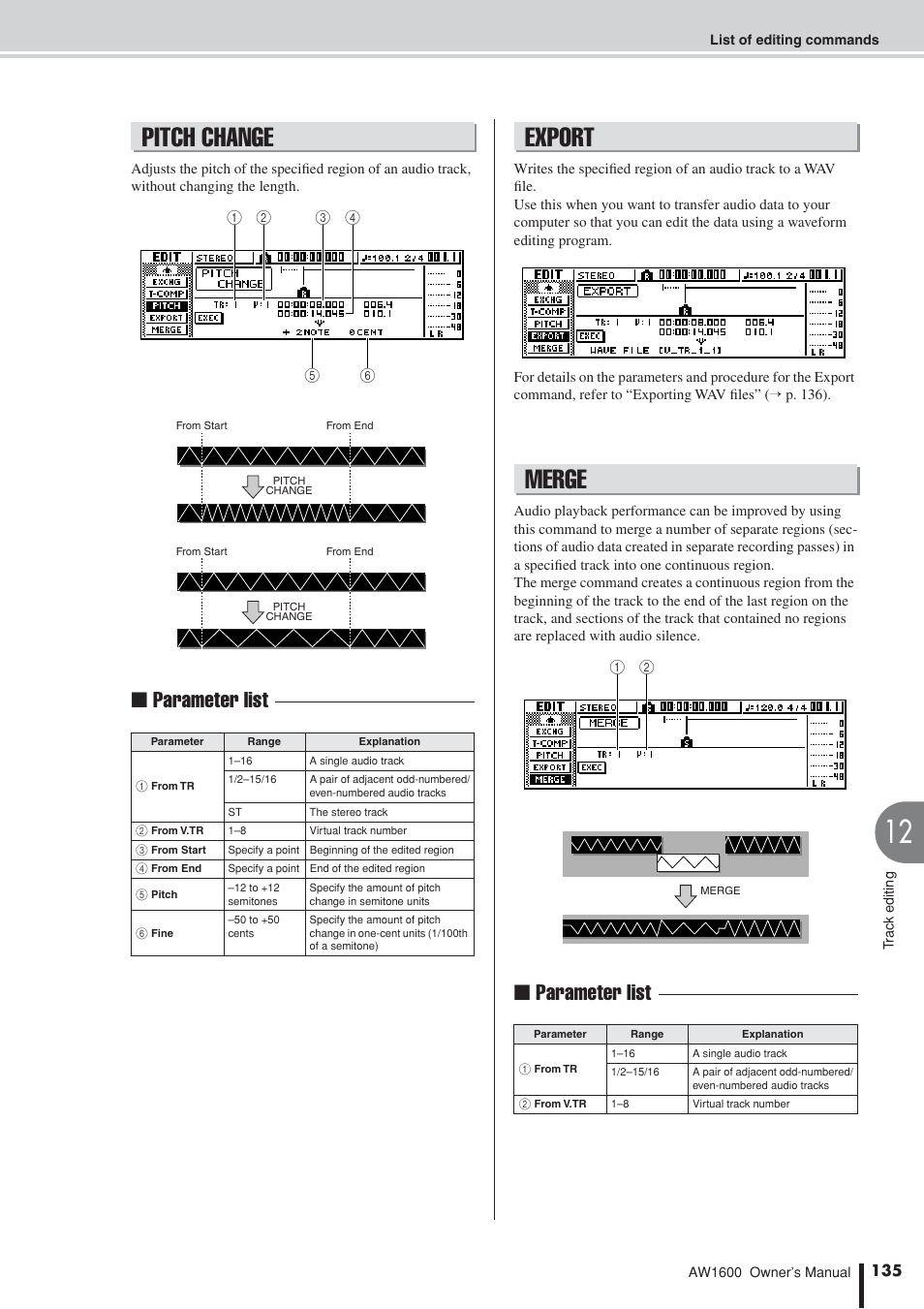 Pitch change, Export, Merge | Pitch change export merge, Export merge, Parameter list | Yamaha AW 1600 User Manual | Page 135 / 232